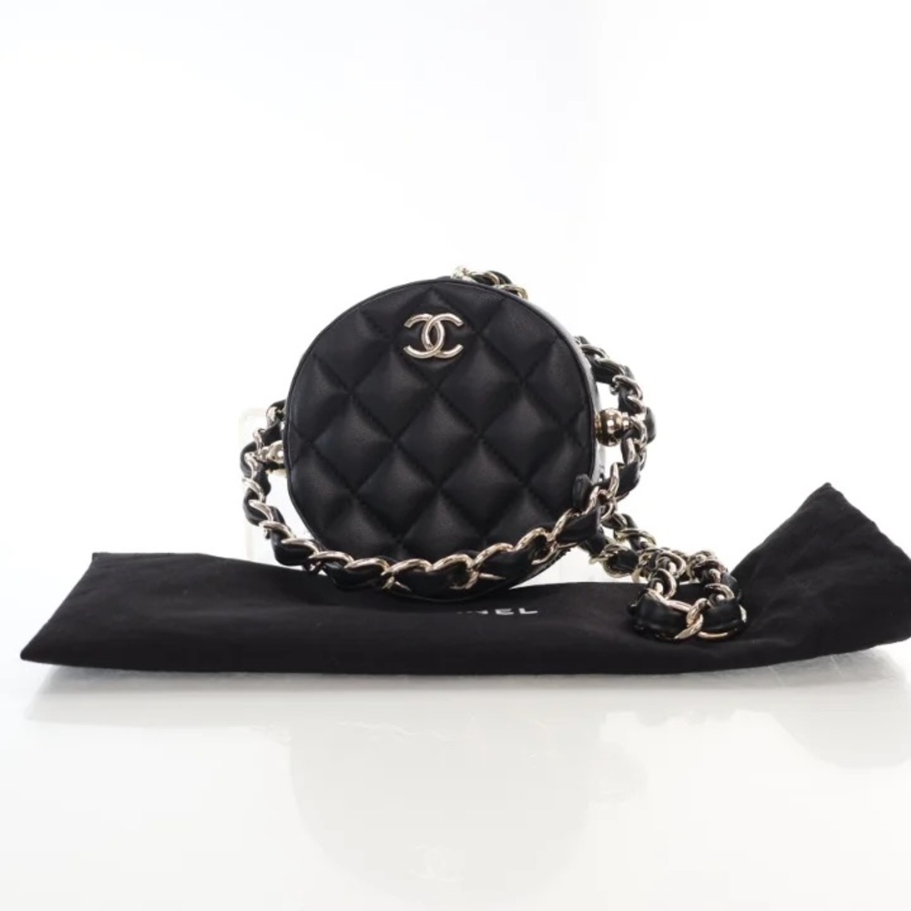Chanel  Lambskin Quilted Chain Round Mini Clutch Black
